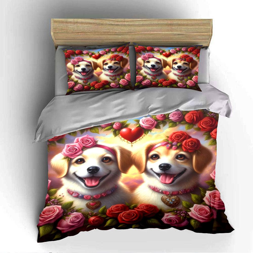 Golden Dogs with Rose Garland Bedding Duvet Cover Set (1*Duvet Cover 2*Pillowcases, without duvet insert)
