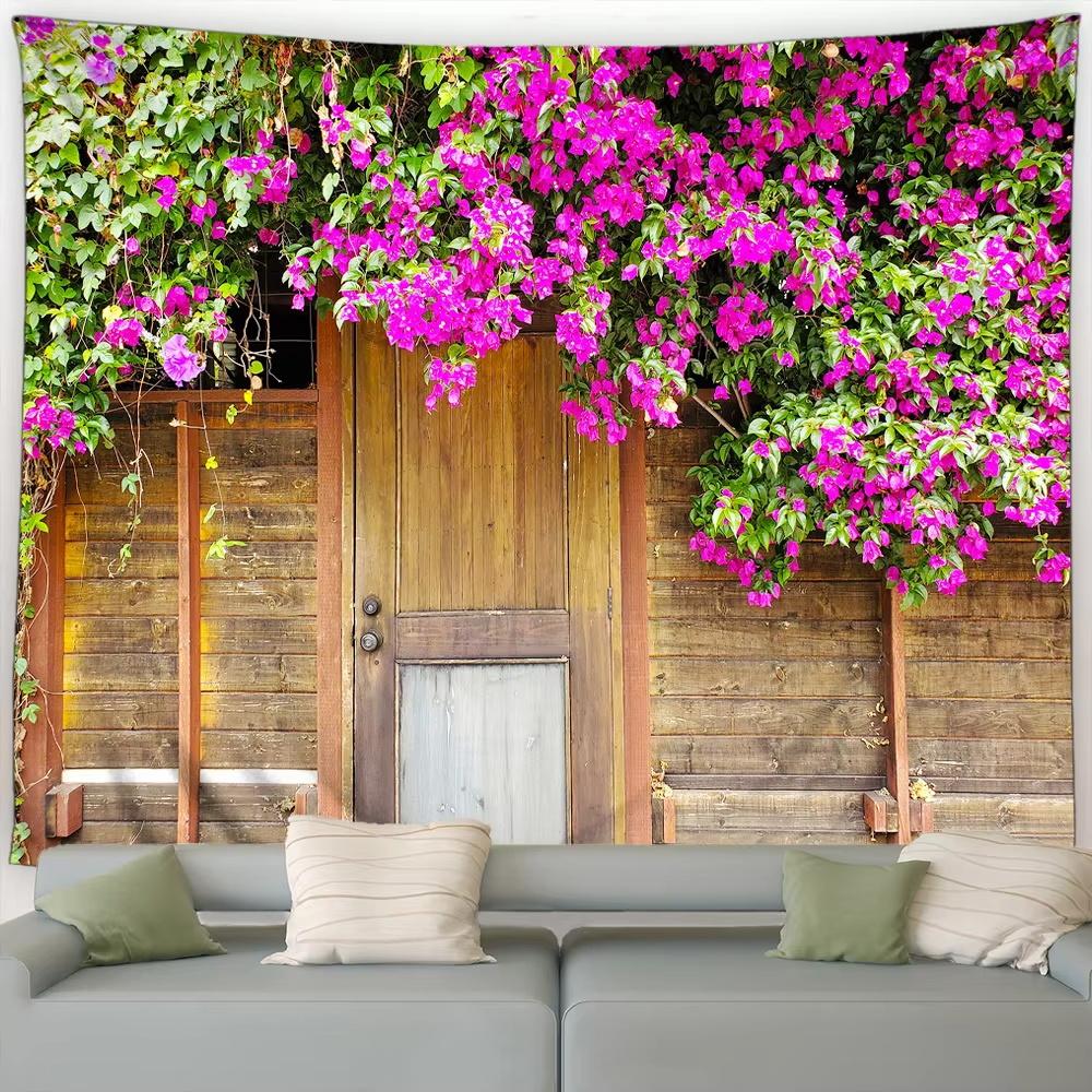 Street Flower Scenery Tapestry Vintage Blue Wooden Door Floral Plants Nature Landscape Home Garden Decor Wall Hanging Picnic Mat