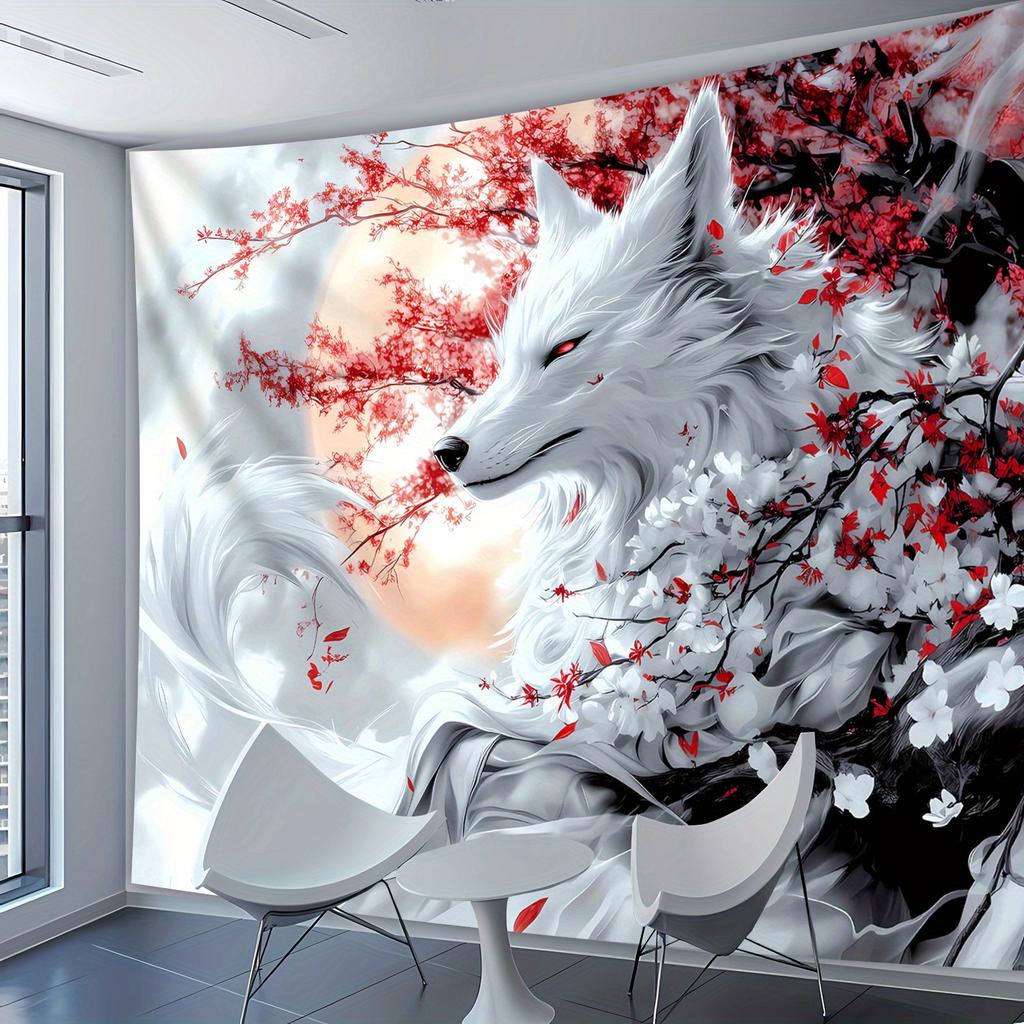 White Fox Tapestry, Mystical Wolf with Red Cherry Blossoms, Japanese Style Animal Wall Hanging for Living Room Bedroom
