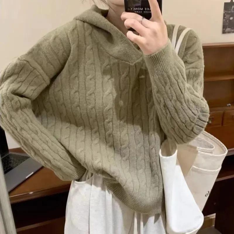 Women's Hooded Sweater Loose Knitted Top Autumn and Winter Solid Color Pullover Sweater
