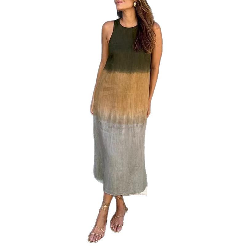 Women's Spring Cotton Linen Midi Dress, Gradient Color Sleeveless Side Slit Loose Casual Daily Vacation Dress