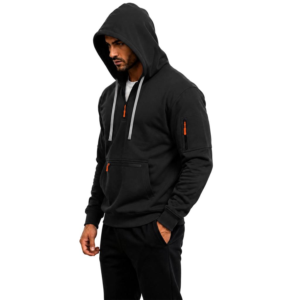 Men's Color Athletic Pullover Hoodie with Zip Arm Pockets, Casual Sweatshirt for Fall Winter