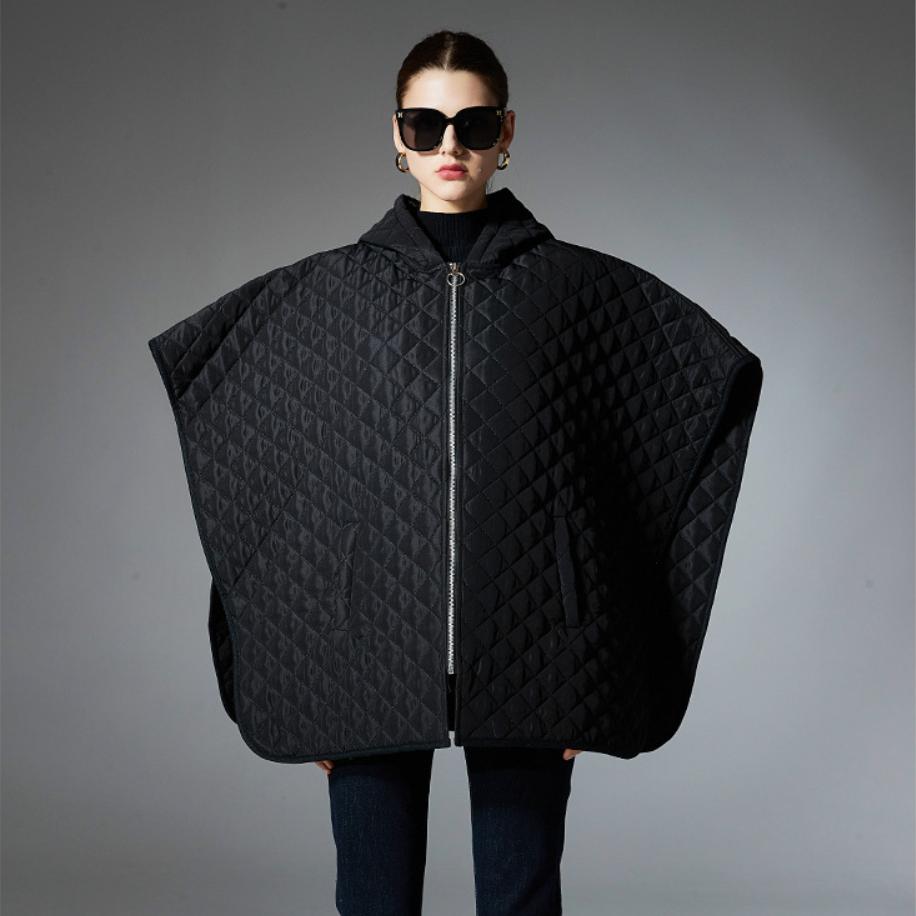 Women Hooded Quilted Poncho Cape Zip Up Warm Polyester Padded Shawl Coat With Pockets Fall Winter Outerwear 97x71cm