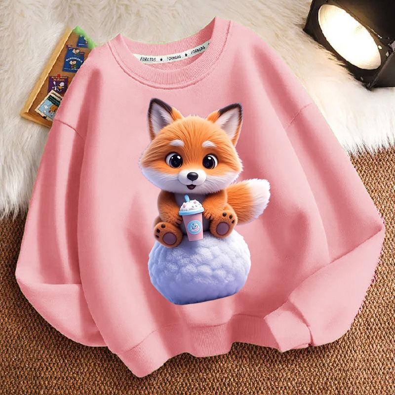 Cute Milk Tea Little Fox Round-neck Hoodie for Children, Fashionable Long-sleeved Casual Hoodie for Boys and Girls in Spring and Autumn