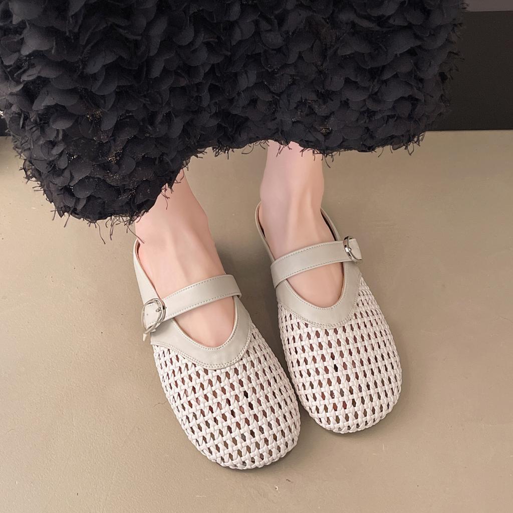Soft leather bag head half slippers women's summer wear 2025 new Mary Jane hollow Roman fishing net shoes hole cool slippers