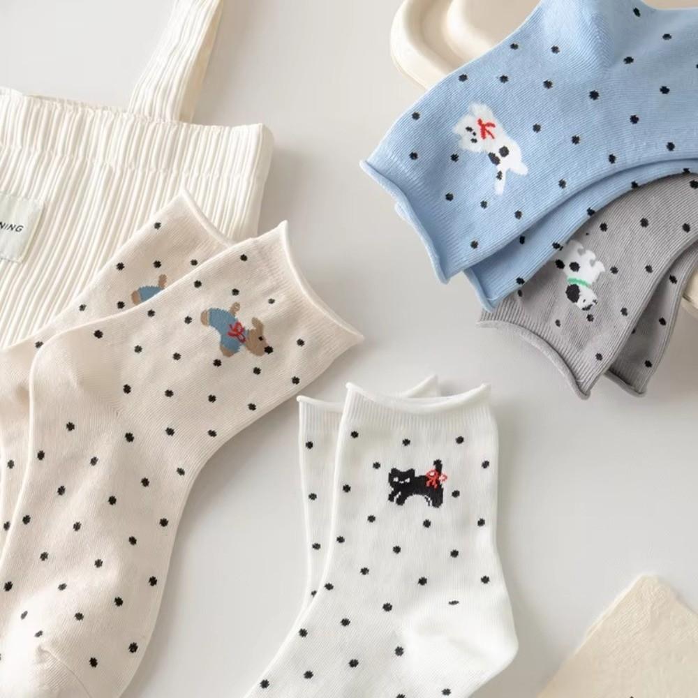 1 Pair Cotton Women Socks Cartoon Dog Cat Printed Middle Tube Socks Kawaii Polka Dot Socks