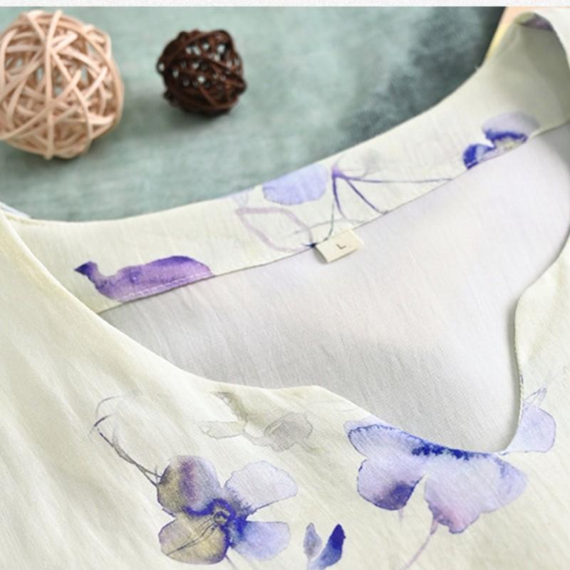 Johnature Women Vintage V-Neck Dresses Print Floral Half Sleeve Summer Chinese Style A-Line Dress