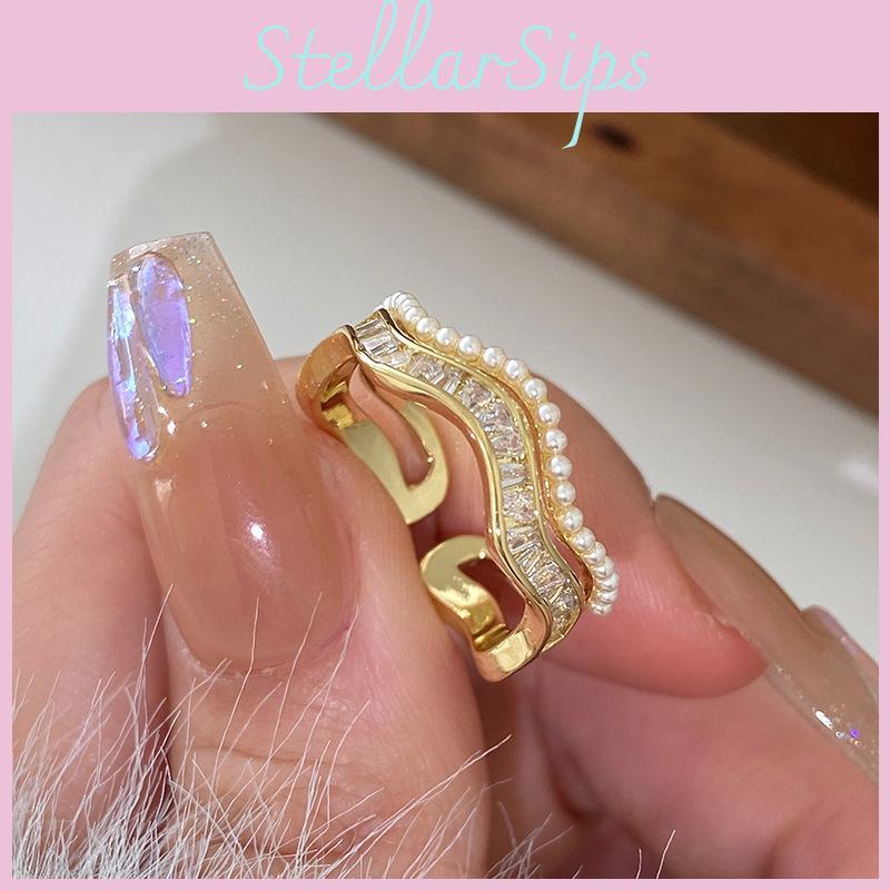Elegant Korean Style Double Layer Wave Pearl Zircon Open Adjustable Ring For Women