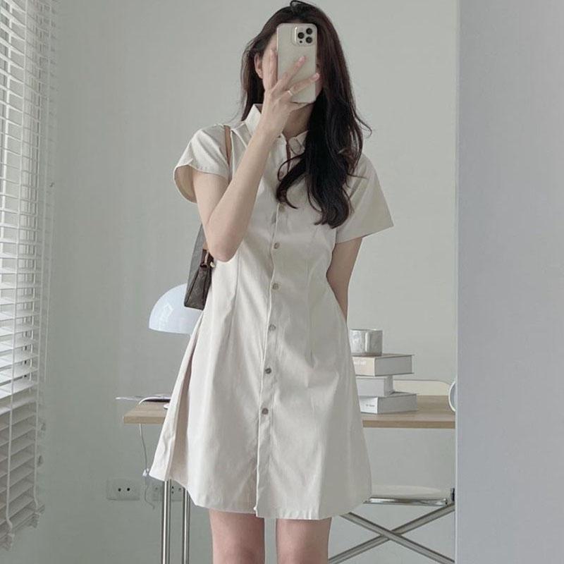 Korean Chic Summer Lapel Dress - Slim, Short-Sleeved, Single-Breasted Style