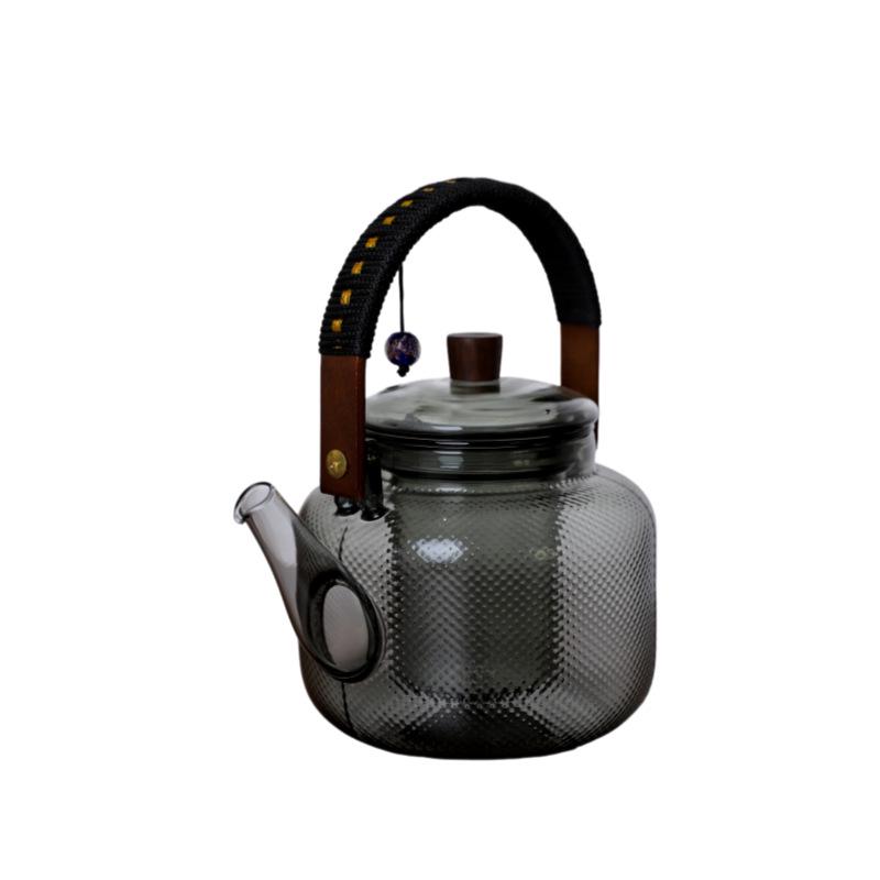Smoke Grey Knitted Handle Glass Teapot with Wooden Lid & Hammered Pattern - Kung Fu Tea Set with Separator