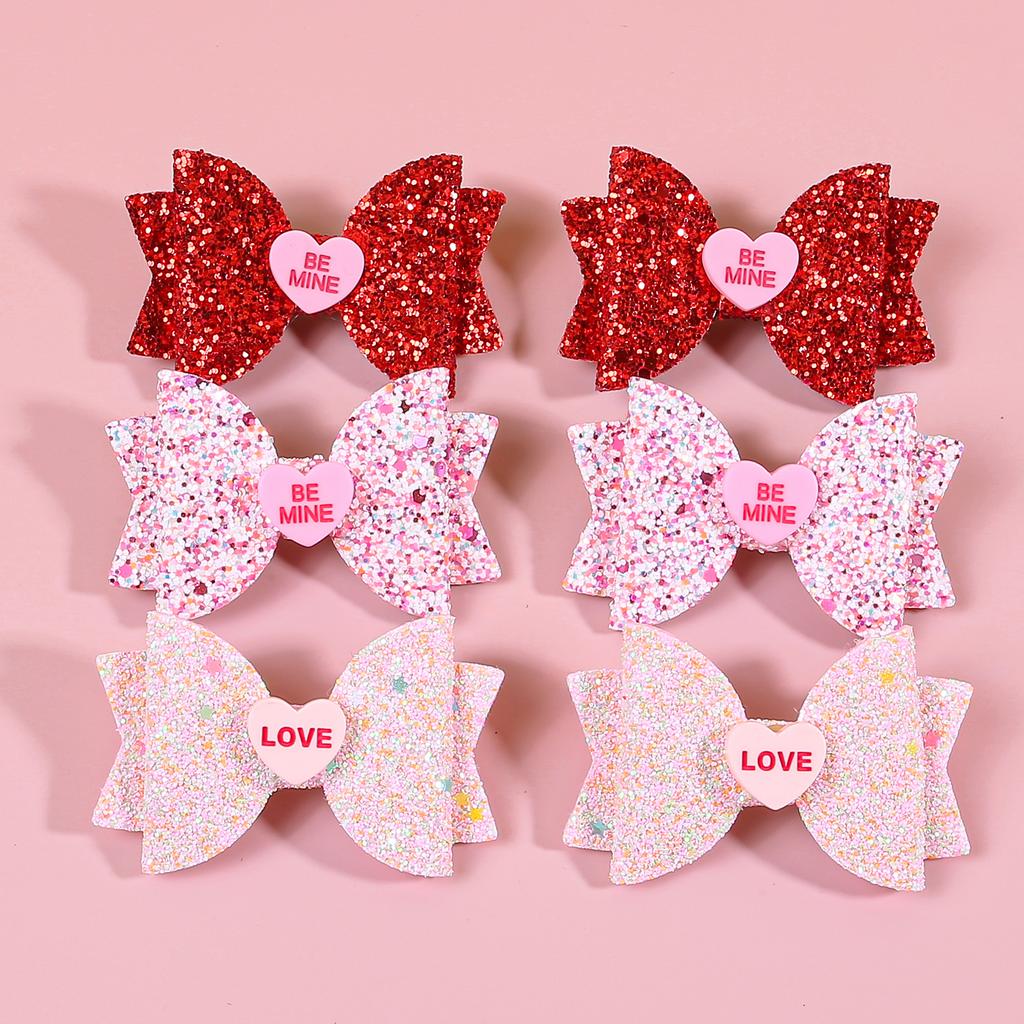 6pcs Glitter Heart Hair Bows for Girls Valentine's Day Letter Bows Heart Hair Clips Barrettes for Kids Party Hair Accessories