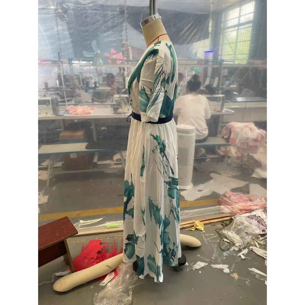 Rochie de damă cu decolteu în V, imprimeu digital, cu șnur, cu mânecă scurtă, rochie lungă