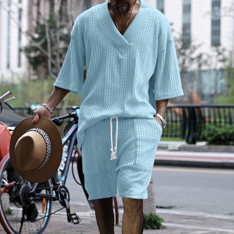 Summer Men's Casual Shorts V-neck Versatile Jacquard Knitted Sweater Men's Autumn Suit
