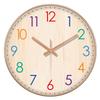 Round Wall Clock 2D Imitation Wood Grain Colorful Numerals Silent Quartz Clock Time Learning Wall Decor for Bedroom Classroom
