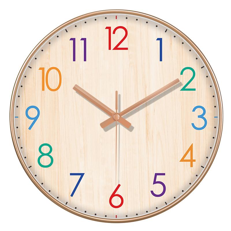Round Wall Clock 2D Imitation Wood Grain Colorful Numerals Silent Quartz Clock Time Learning Wall Decor for Bedroom Classroom