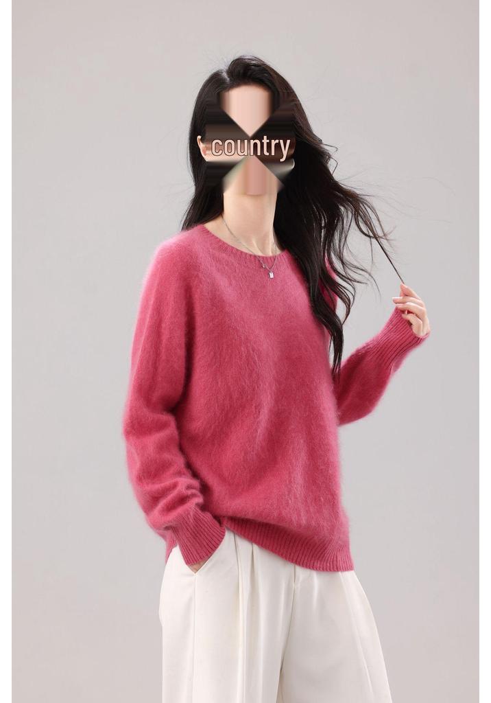 Women's Seamless Round Neck Sweater: 90% Wool, 5% Cashmere, 5% Silk.