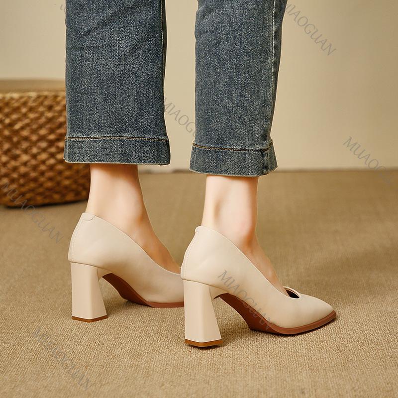 Fashion Spring New Women's Pumps Retro Shallow Mouth Square Head Thick High Heels Work Shoes Commuting Beige Black Women Single Shoes