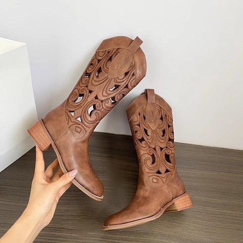 Fashion New Luxury Hollow Embroidered Vintage Western Boots Women Autumn Chunky Heels Knee High Cowboy Boots Woman Leather Knight Boots