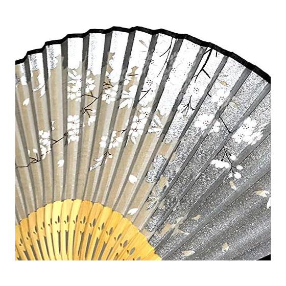 Kanzashi Folding Fan for Women - Set with Fan Bag, Silver Foil, Pearl Finish, Cherry Blossom Pattern, Japanese Traditional Design, White Base, Luxury