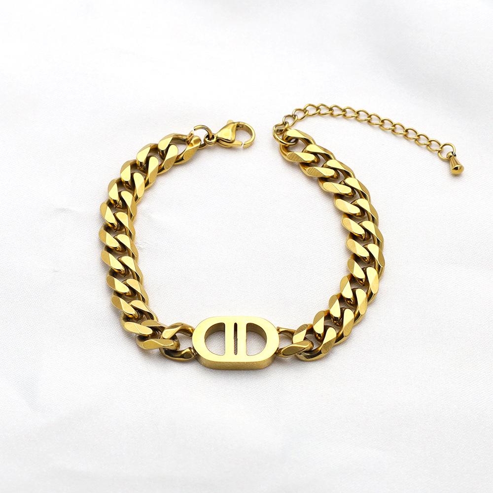 Hip Hop Hipster Titanium Steel Cuban Chain Personalized 18K Gold Double D Necklace Non-Fading Bracelet Jewelry Earrings