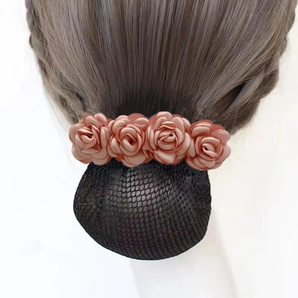 Women Hair Bun Cover Net Snood Hairnet Bow Barrette French Hair Clip Bow Ribbon Flower Hair Accessories for Banks Hotels Staff