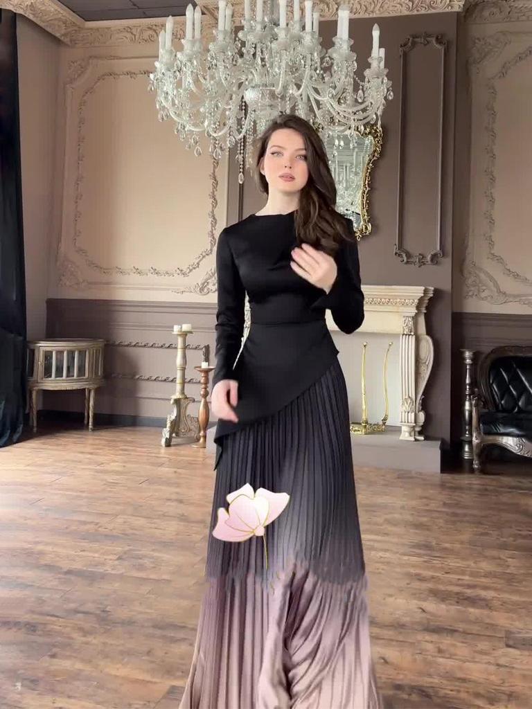 Autumn 2024 Tie-Dye Slimming Gradient Pleated Long Dress for Women