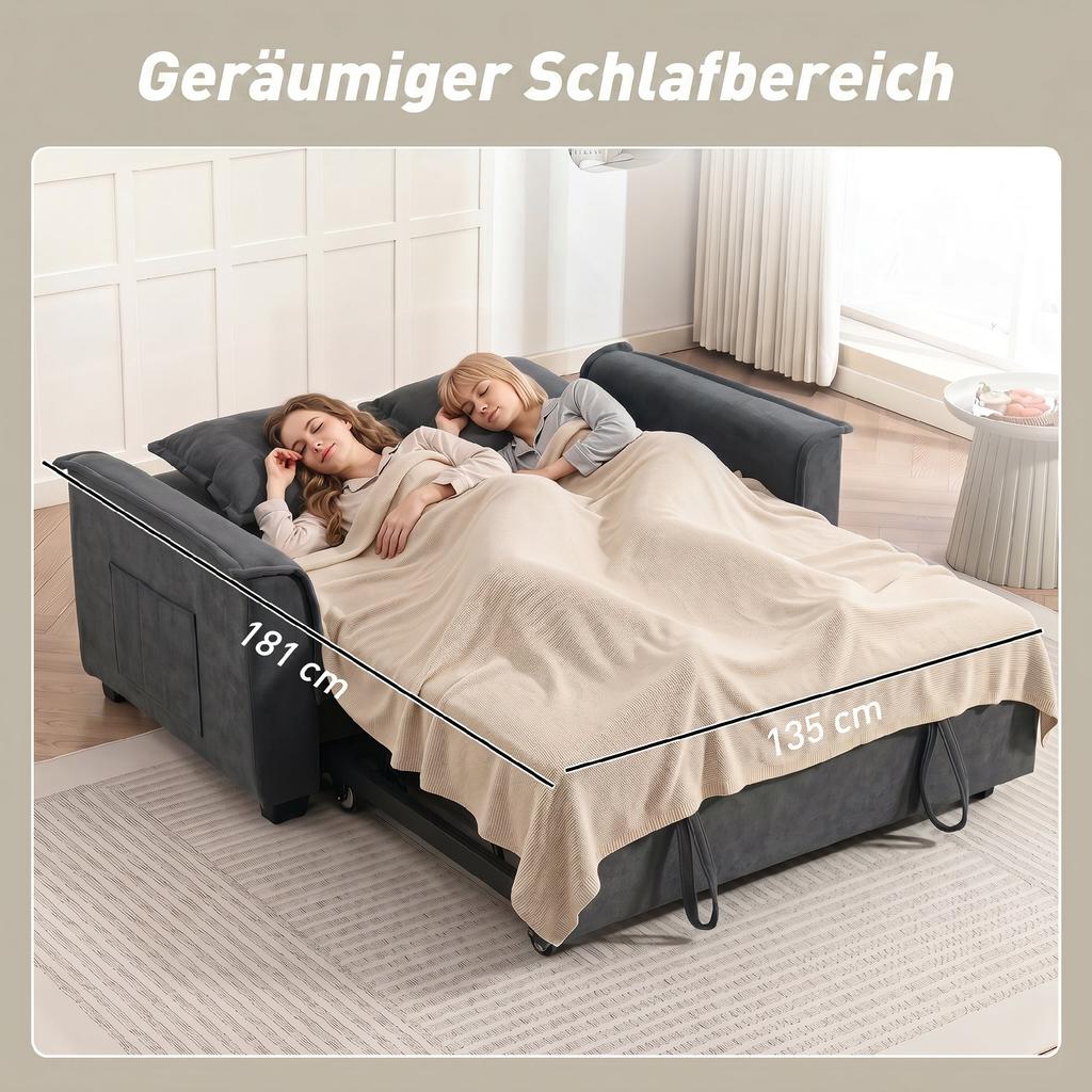 Futon Sleeper Sofa, Adjustable Backrest, 2-Seater with 2 Cushions, Dark Grey