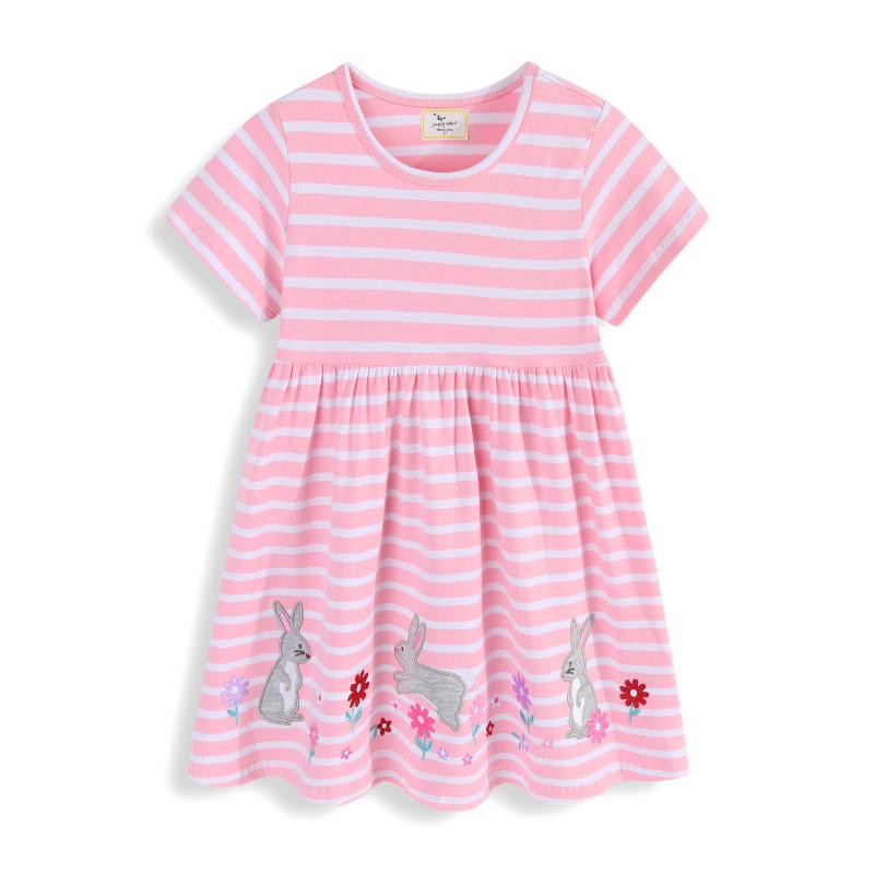 Jump Summer Short-Sleeved Striped Embroidered Girls Dress Skirt - 2026 New Style 100-110 CM