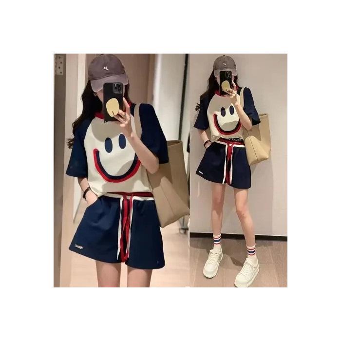 

Plus Size Smiley Face Embroidered Women s Summer Sports Two-Piece: Loose Short Sleeve Top & Shorts XXXL чёрный