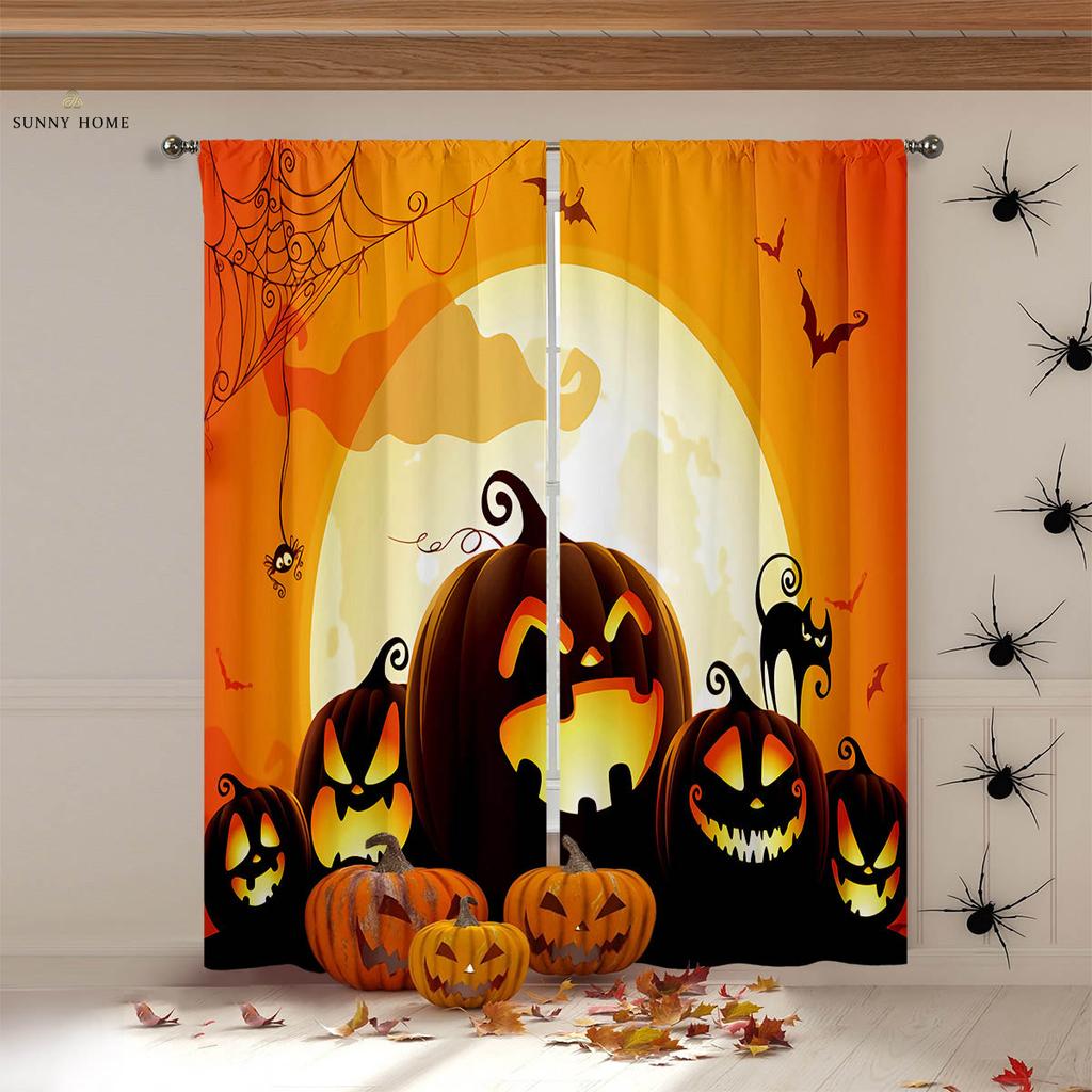 Halloween Horror Atmosphere Decorative Curtains Gothic Style Castle Pumpkin Cartoon Print Curtains Holiday Party Decorative 2PCS