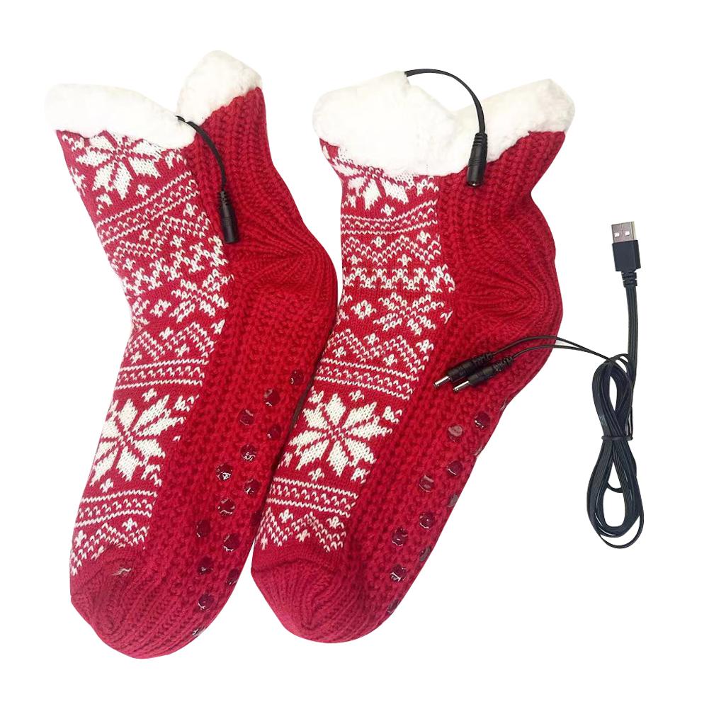 USB Heated Soft Knitted Socks Non Slip Fluffy Slipper Socks Plush Floor Socks Cozy Bed Slippers Carpet Socks for Winter красный