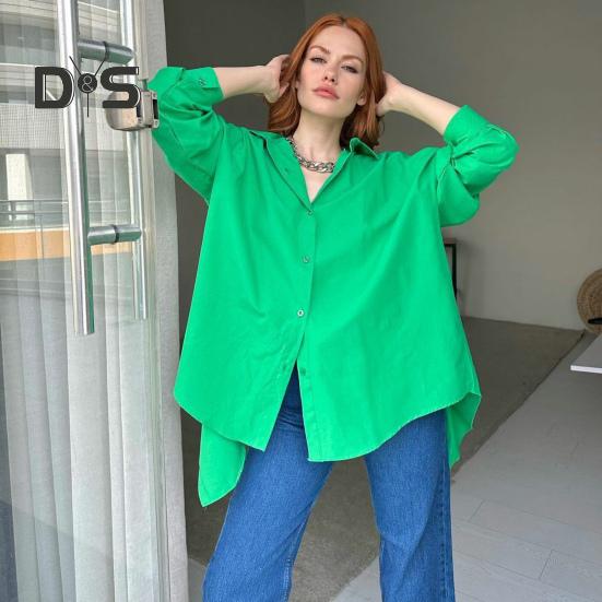

Женская рубашка с разрезом на спине, однобортный лацкан, свободная однотонная блузка с длинным рукавом, мягкая повседневная женская уличная блузка с неровным подолом