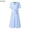 ZANZEA Women Casual V-Neck Short Sleeve Bows Splice Stripe Print A-line Dress
