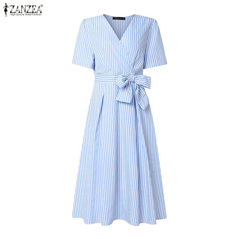 ZANZEA Women Casual V-Neck Short Sleeve Bows Splice Stripe Print A-line Dress