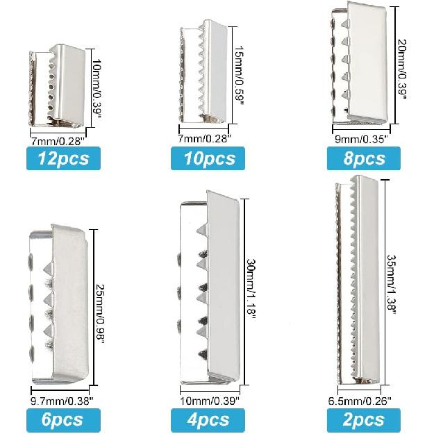 PH PandaHall 42pcs Crimp Fasteners 6 Sizes Ribbon Ends Platinum Leather Ribbon Crimps Brass Belt Buckle End Tip for Clothes DIY Leather Craft Belt