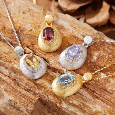 Natural Amethyst Pendant Necklace Women'S S925 Sterling Silver Brushed With Tanzanian Diopside Topa Garnet Colored Treasure