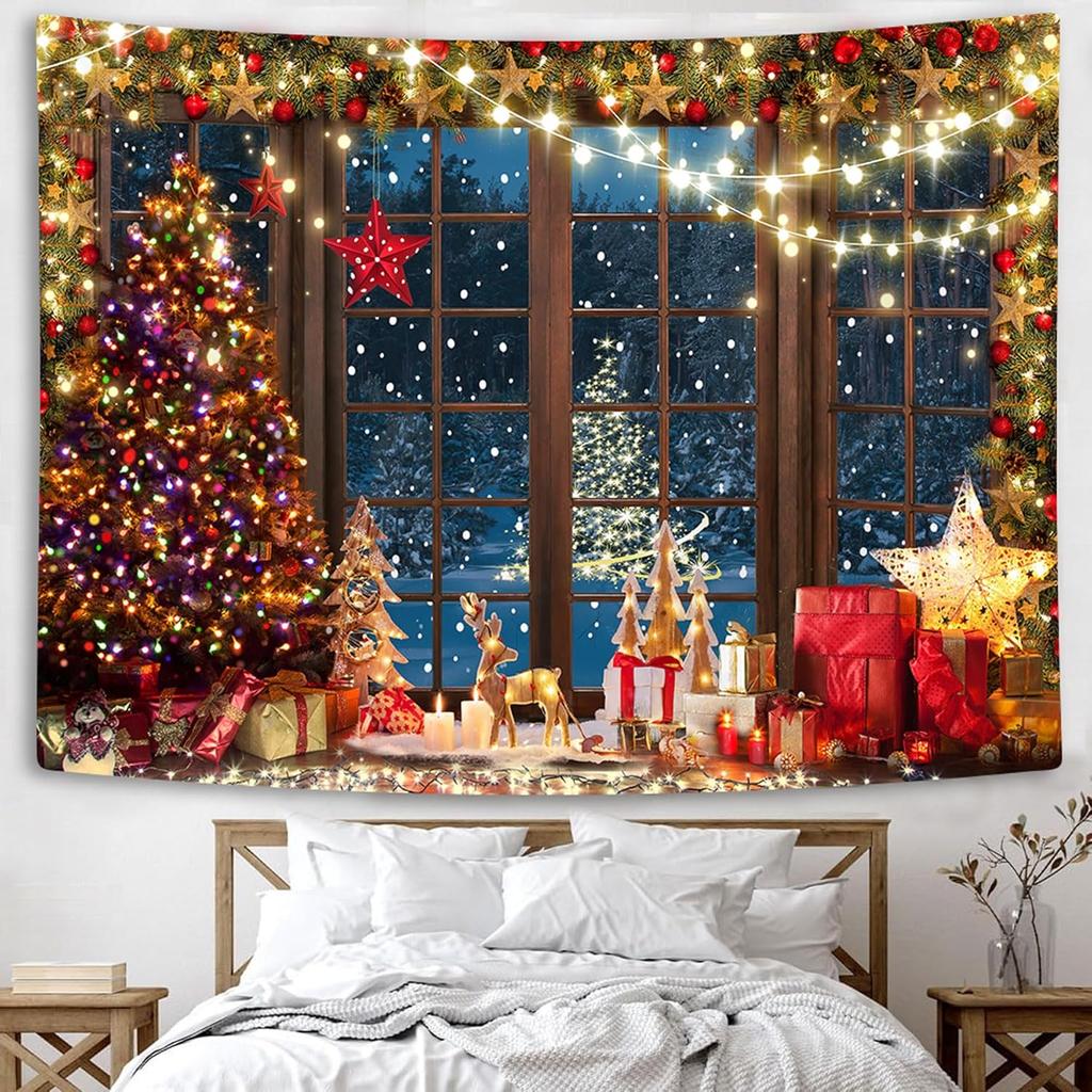 Winter-Weihnachtsteppich - Rustikales Holzfenster Weihnachtsbaum für Schlafzimmer, Nacht Wald Schnee Szene Außerhalb des Fensters Wand H
