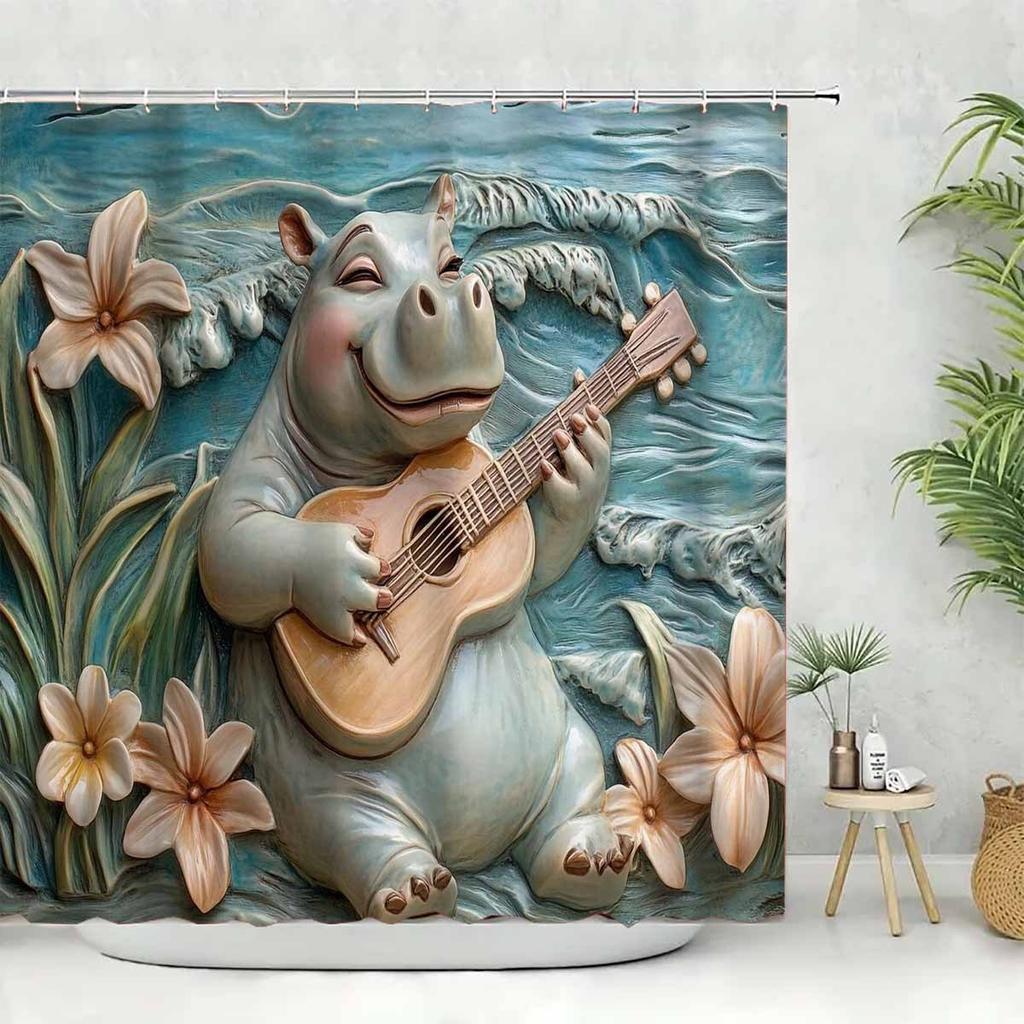 1Pc 3D Embossed Single Guitar Hippo Shower Curtain-With 12 Hooks, Machine Washable, Suitable For Bathroom Decoration