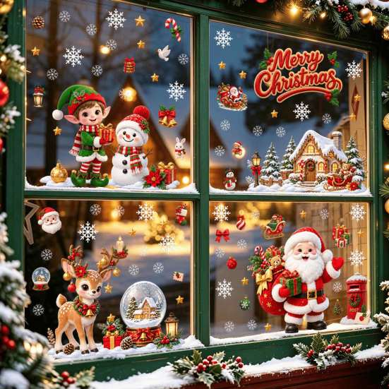Christmas Window Clings Cling, PVC Waterproof Santa Claus/ Elf Snowman/Elk/House Stickers, Reusable Easy Peel And Stick Holiday Decor Glass
