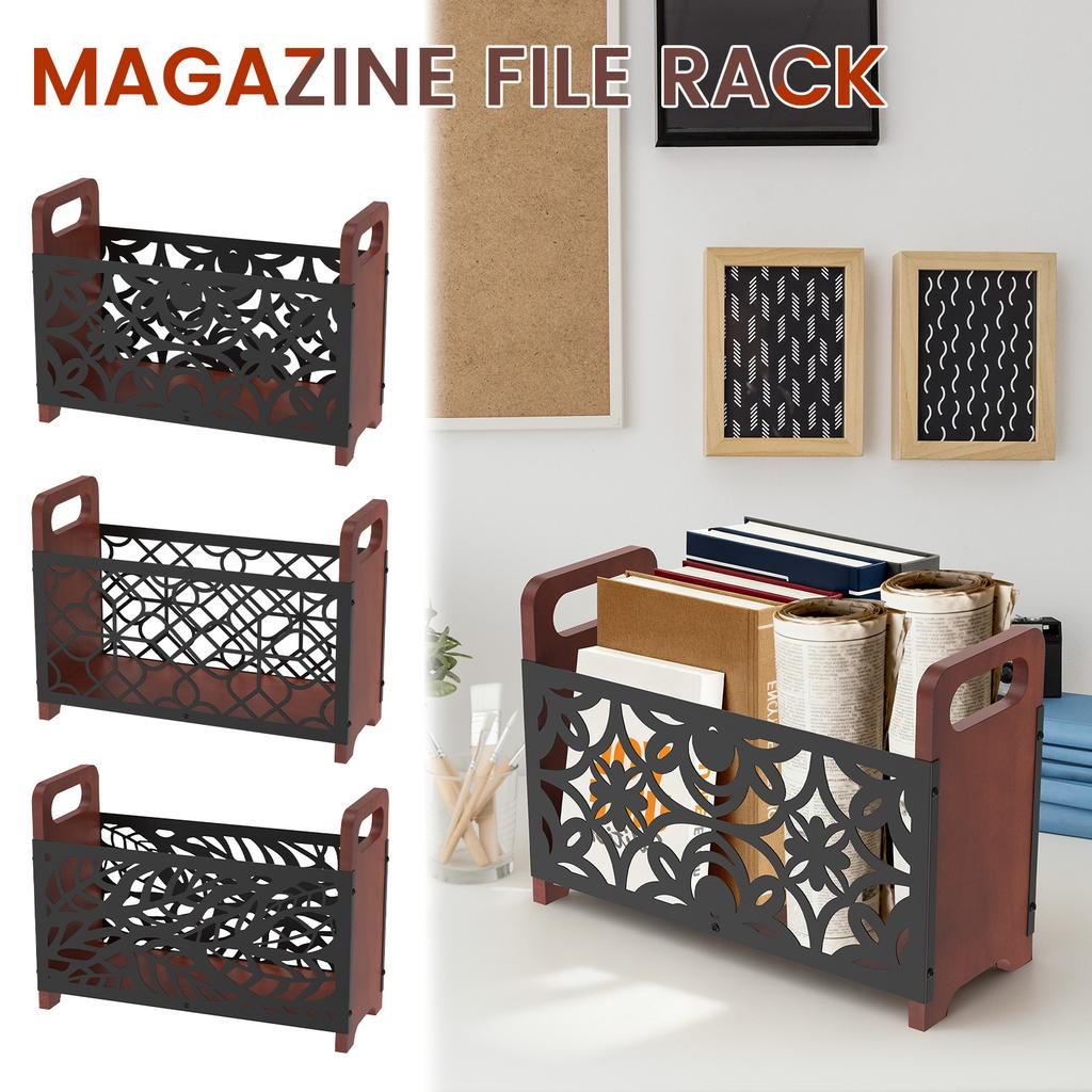 Magazine File Holder Wood Metal Desktop Folder Organizer with Handle Newspaper Storage Basket for Coffee Table Desk Decoration
