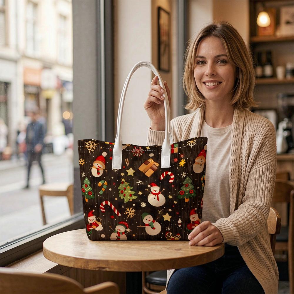 Christmas Snowman Pattern Tote Bag Festive Gift Shoulder Handbag for Daily Use