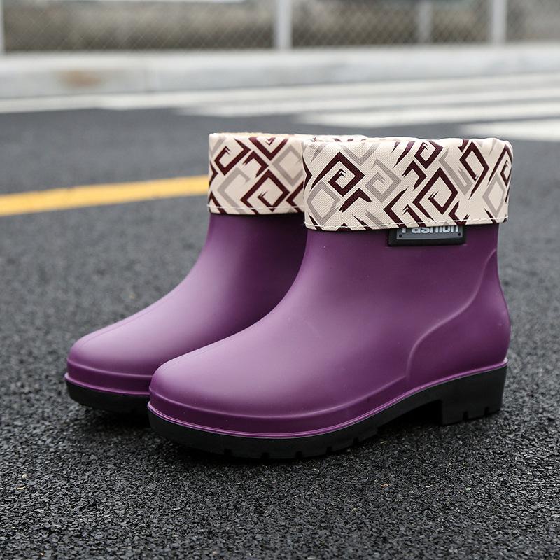 Rain shoes women wear short tube flat non-slip water shoes flat rain boots warm short rubber shoes