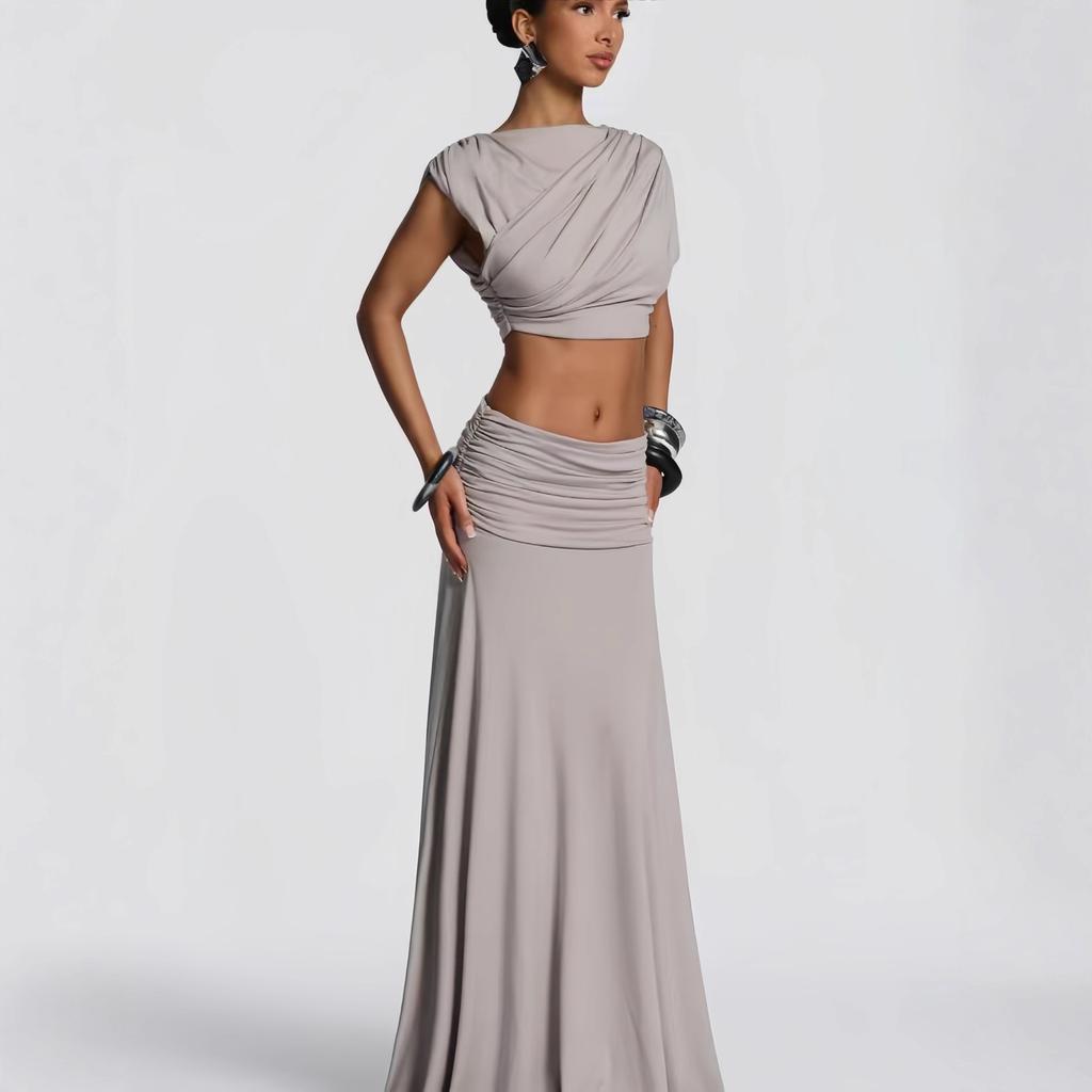 Γυναικείο Σετ Μπλούζα Crop Off-Shoulder και Μακριά Φούστα με Πτυχώσεις Ψηλόμεση Πολλά Χρώματα