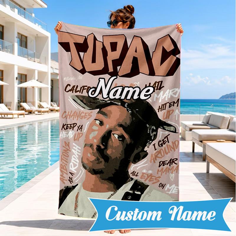 Custom Name Tribute Tupac's Legacy Heart In Space Adventure Microfiber Beach Towel, Lightweight for Summer Travel, Swimming Pool Fan Gift