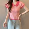 Hollow Knitted Slim Crop Tops Patchwork Short Sleeve T-shirt Doll Collar Knitted Vest  Ladies Girls