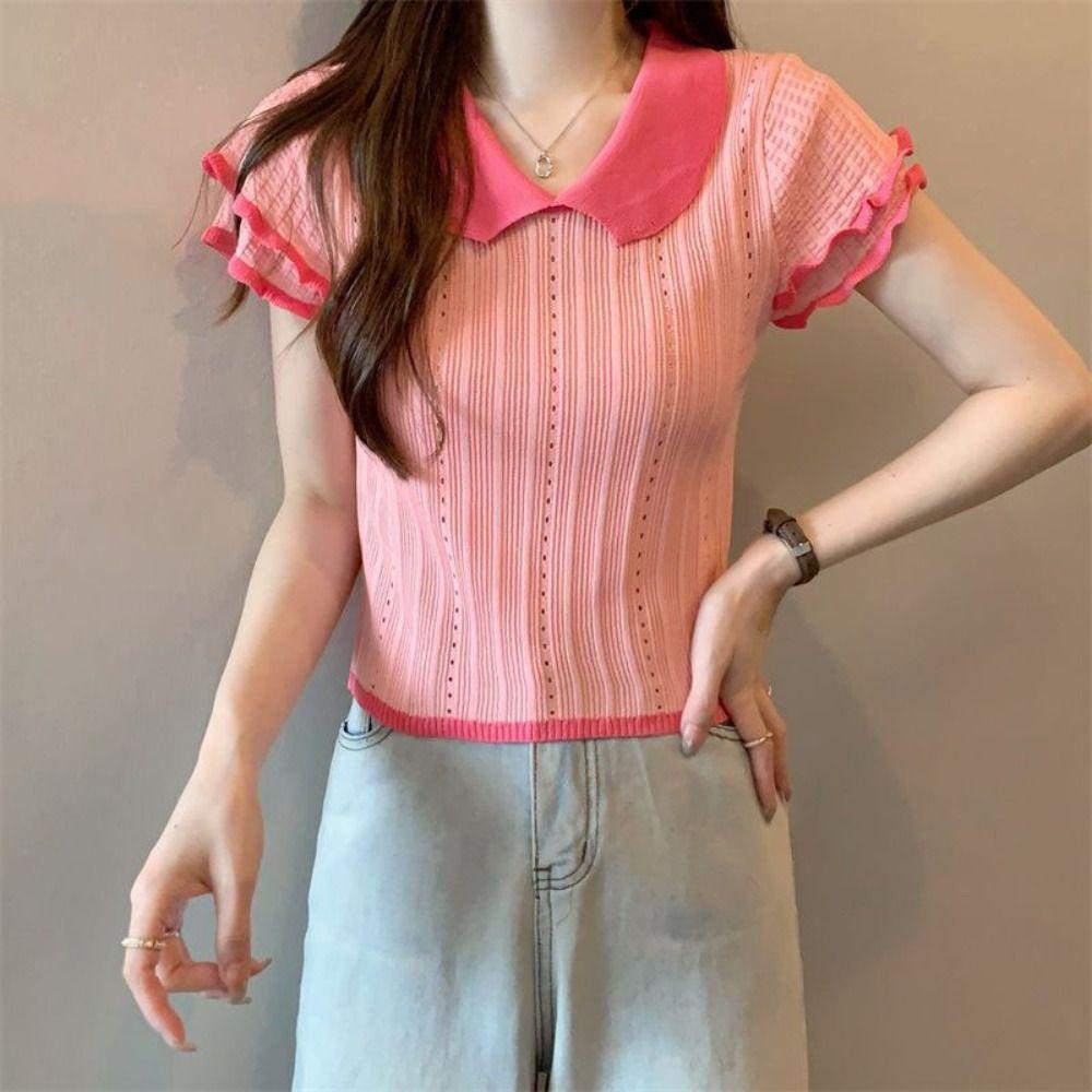 Hollow Knitted Slim Crop Tops Patchwork Short Sleeve T-shirt Doll Collar Knitted Vest Ladies Girls