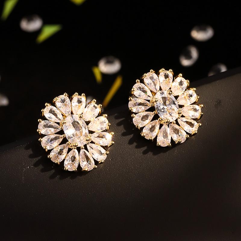 925 Silver Needle Flower Crystal Earrings, Korean Style High-End Zircon Studs, Sweet Dopamine Design for Women