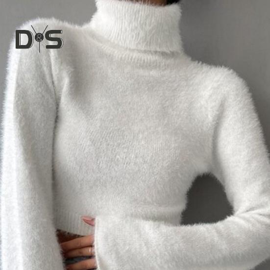 Kurzer Pullover für Damen, hoher Kragen, ausgestellt, lange Ärmel, einfarbig, schmale Passform, lässige Oberteile, freiliegender Nabel, Strickmode