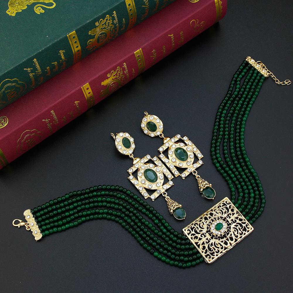 Schickes goldfarbenes Brautschmuck-Set für Frauen, Perlenhalsband, Halskette, Tropfenohrring, arabische Hochzeit, Bijoux