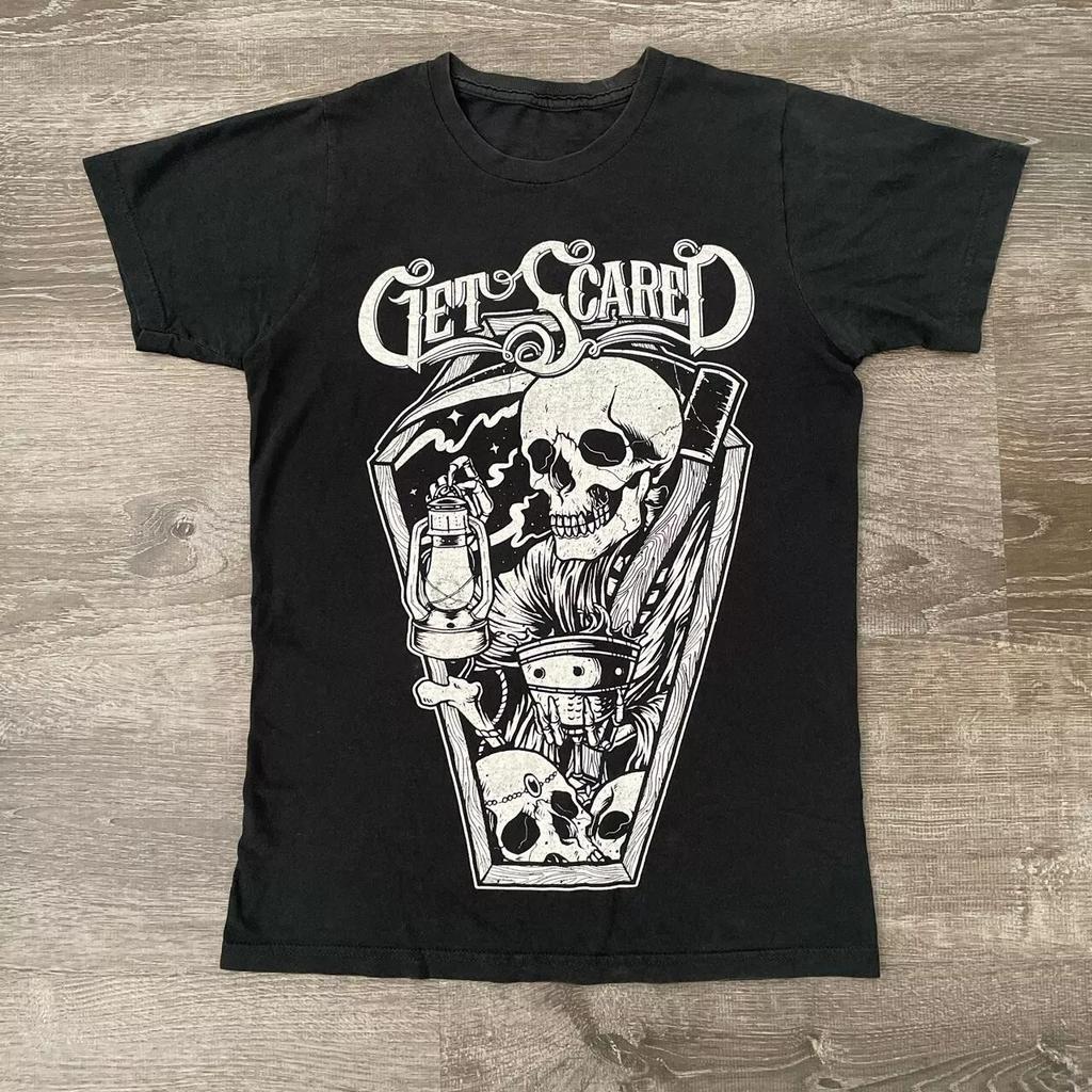 Vtg Get Scared Band Skull Short Sleeve Cotton Black All Size Unisex Shirt Graphic Short Sleeve Shirt Unisex Men Women Summer